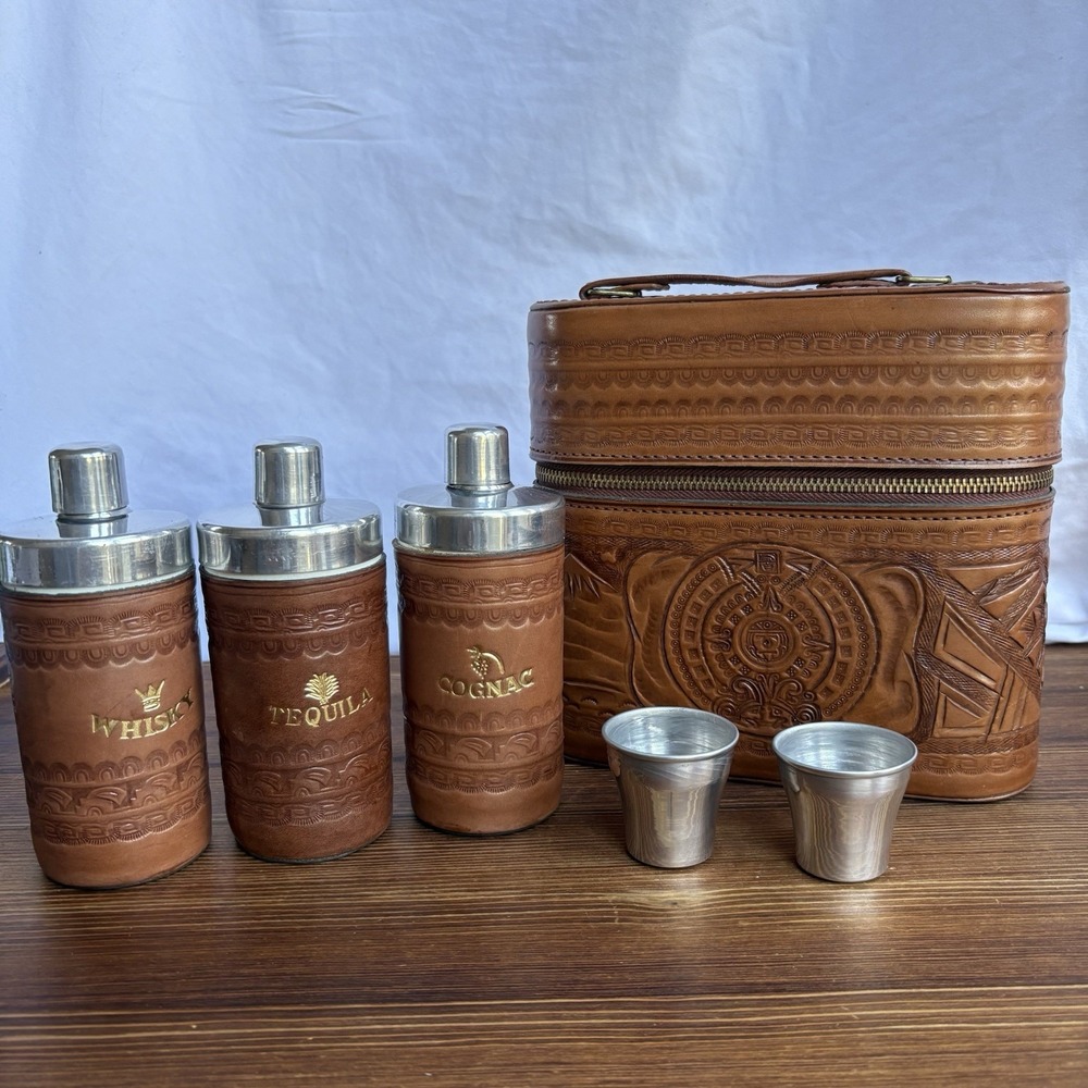 Vintage Mexican Leather Liquor Set Hand Tooled Case With Decanters And Shot Cups